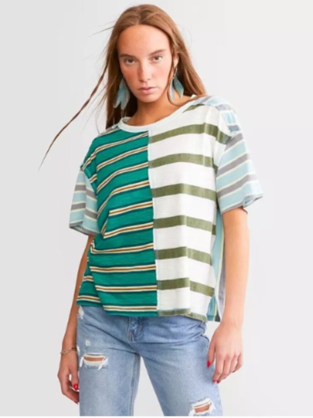 Free People We The Free Get Real Tee Shirt Green Combo Stripe Oversize NWT Small
